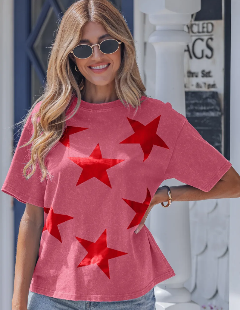 Red Independence Day Star Printed Acid Wash T Shirt