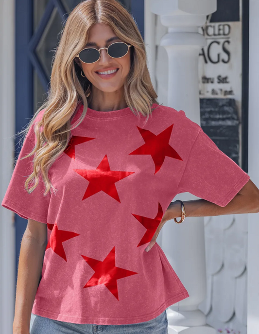 Red Independence Day Star Printed Acid Wash T Shirt